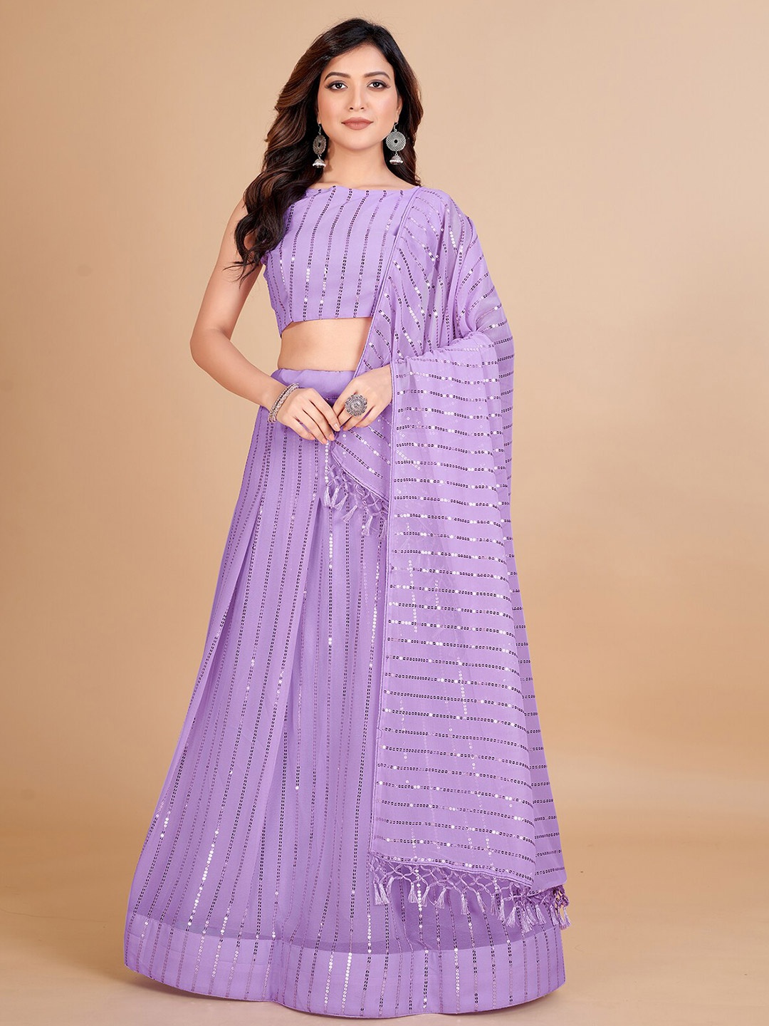 

Mitera Sequinned Semi-Stitched Lehenga & Unstitched Blouse With Dupatta, Purple