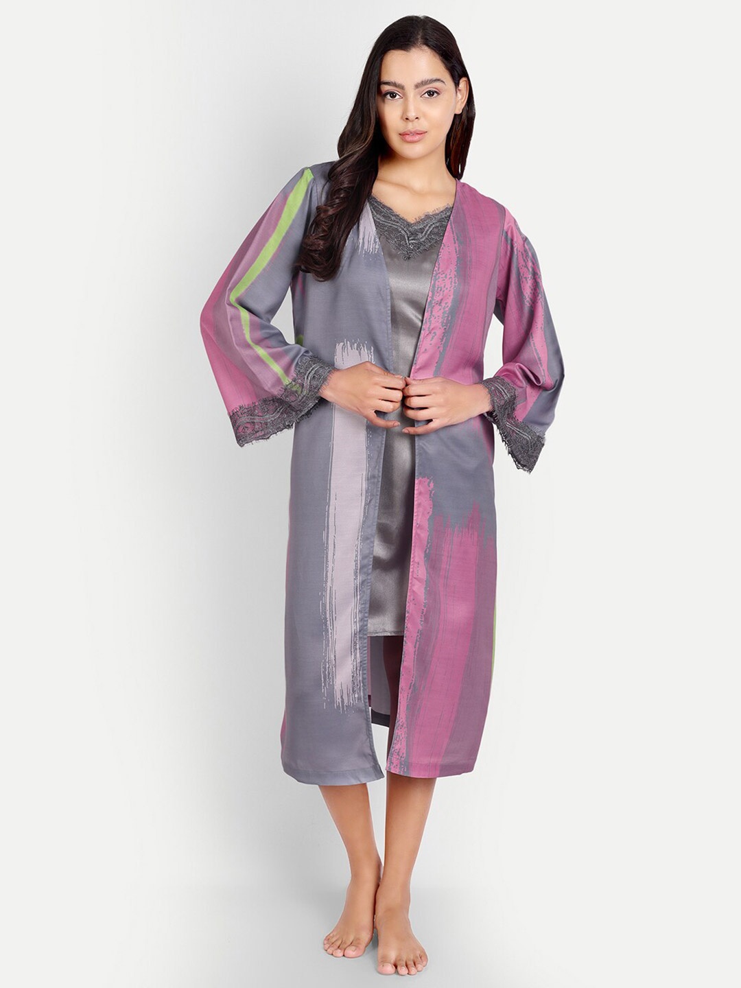 

DECOREALM Satin Nightdress With Robe, Grey