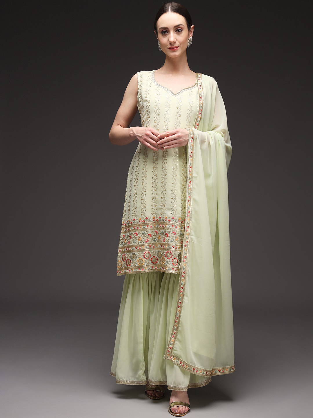 

VAANI CREATION Ethnic Motifs Embroidered Sequined Straight Kurta with Sharara & Dupatta, Green