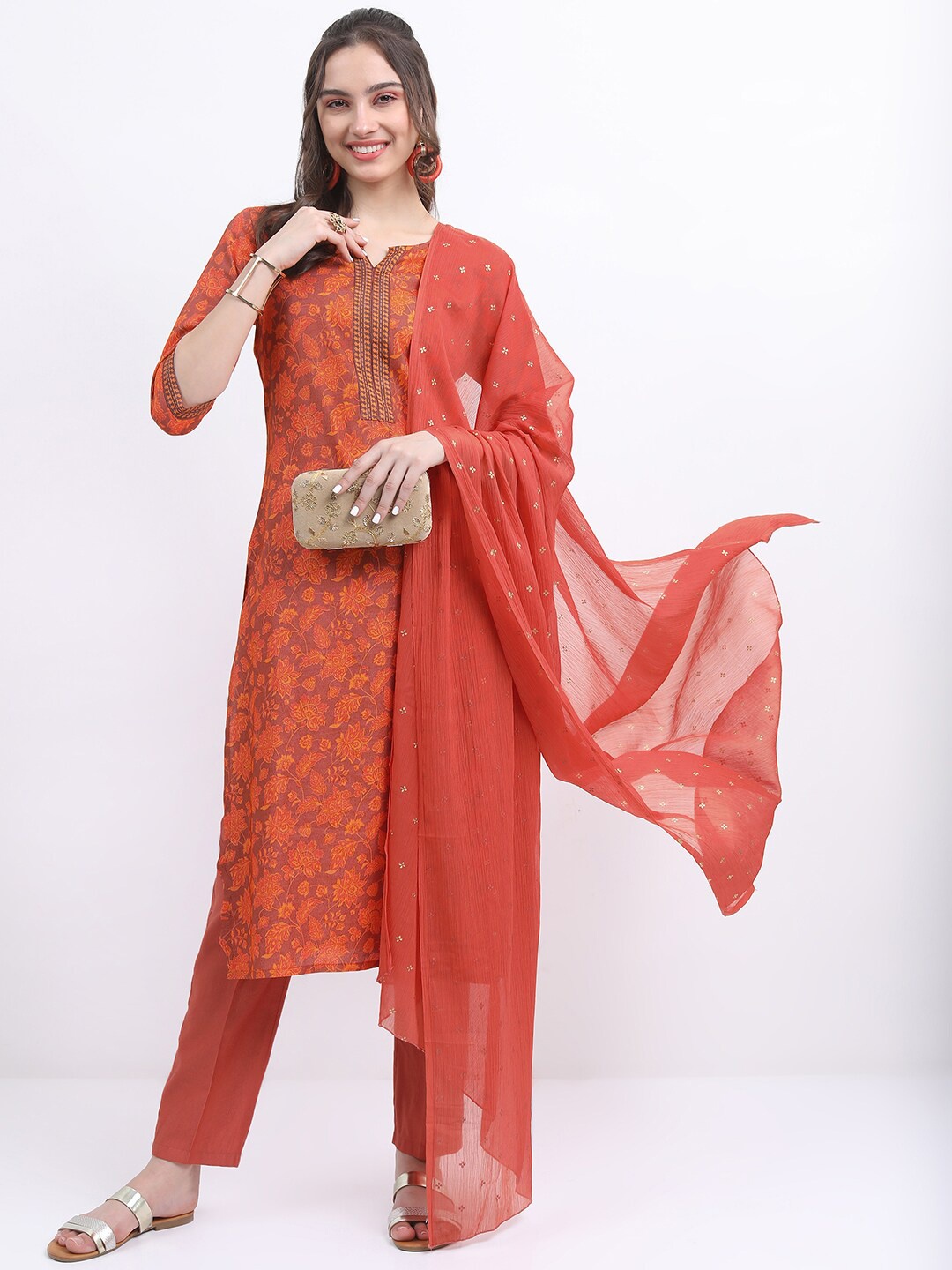 

Vishudh Floral Printed Kurta With Trousers & Dupatta, Rust