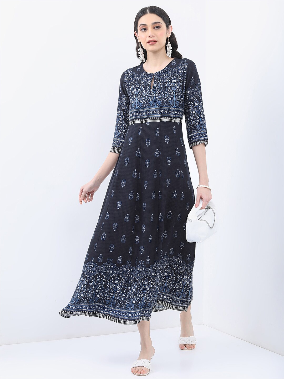 

Vishudh Navy Blue Ethnic Motifs A-Line Midi Dress