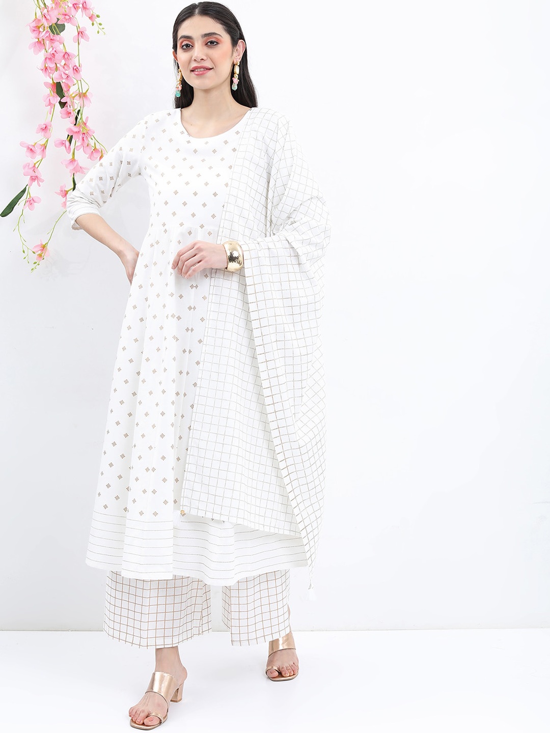 

Vishudh Ethnic Motifs Printed Pure Cotton Kurta with Palazzos & With Dupatta, Off white