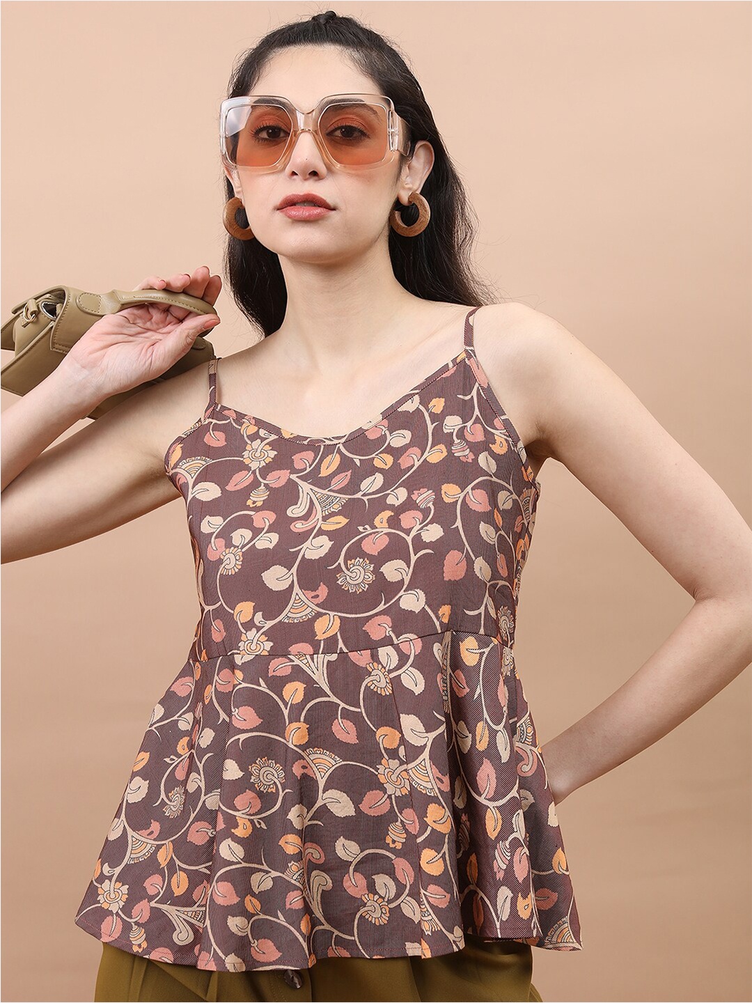 

Vishudh Brown Floral Print Peplum Top
