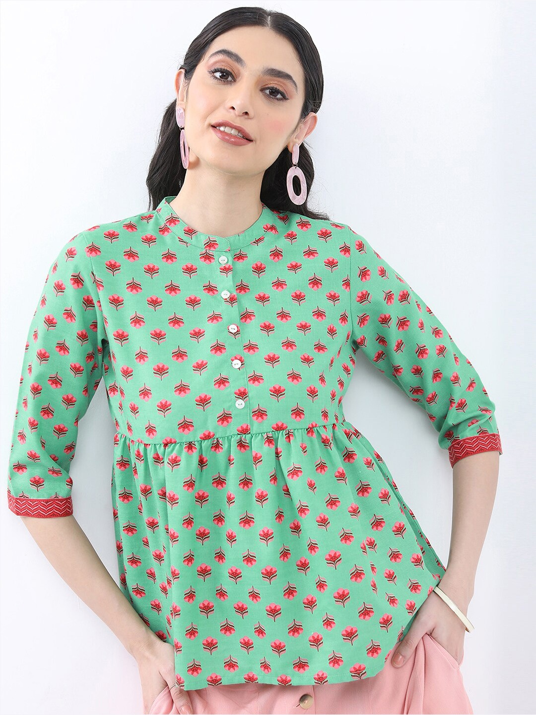 

Vishudh Floral Printed Mandarin Collar Pleated A-Line Top, Green