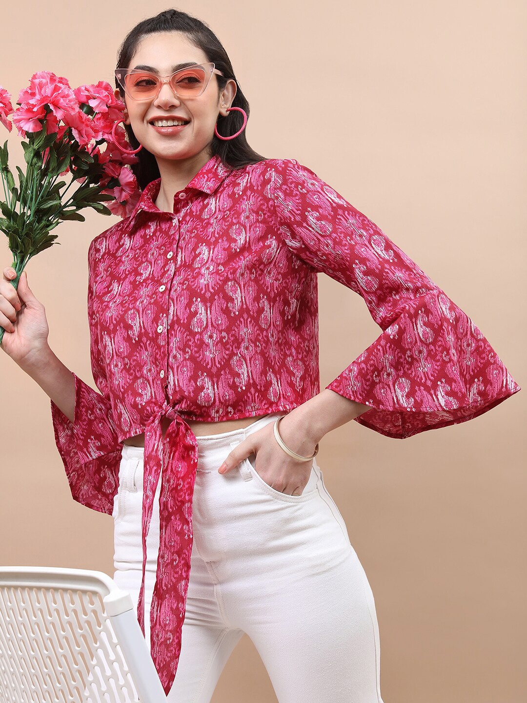 

Vishudh Ethnic Printed Bell Sleeves Tie-Up Detail Shirt Style Top, Magenta