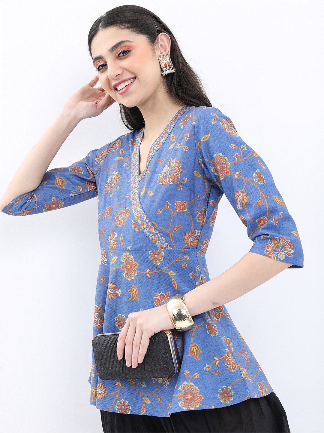 

Vishudh Floral Printed Longline Wrap Top, Blue