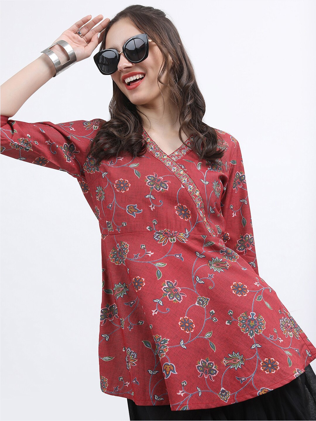 

Vishudh Floral Printed Longline Wrap Top, Maroon