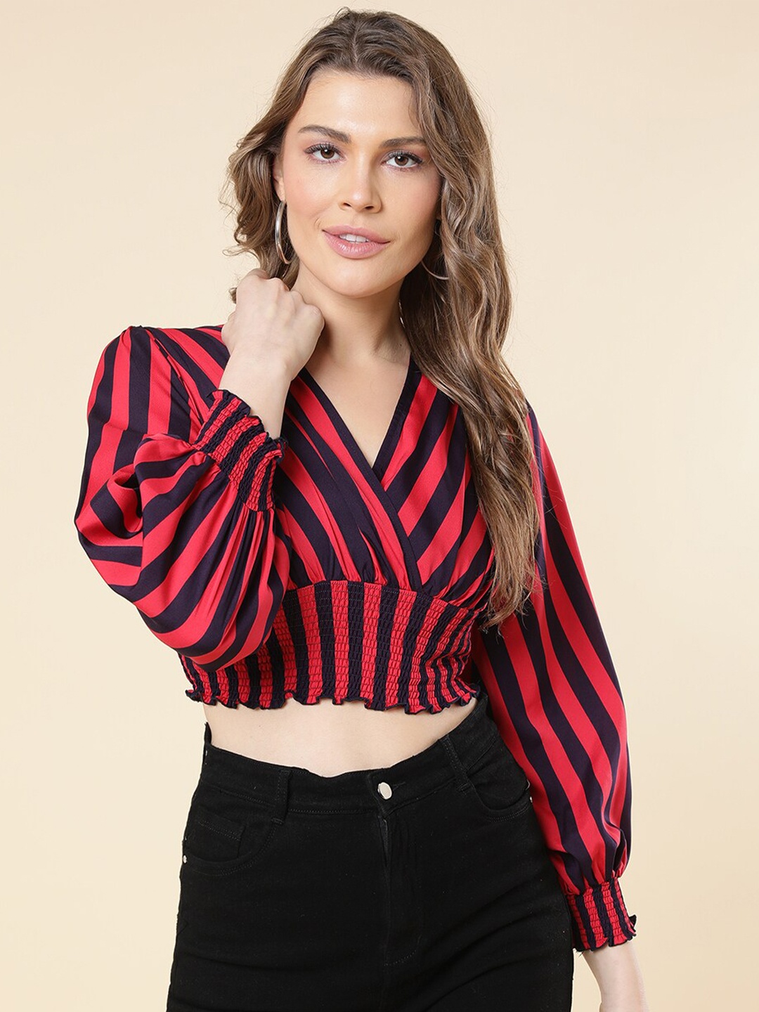 

A.T.U.N. Striped Wrap Crop Top, Red