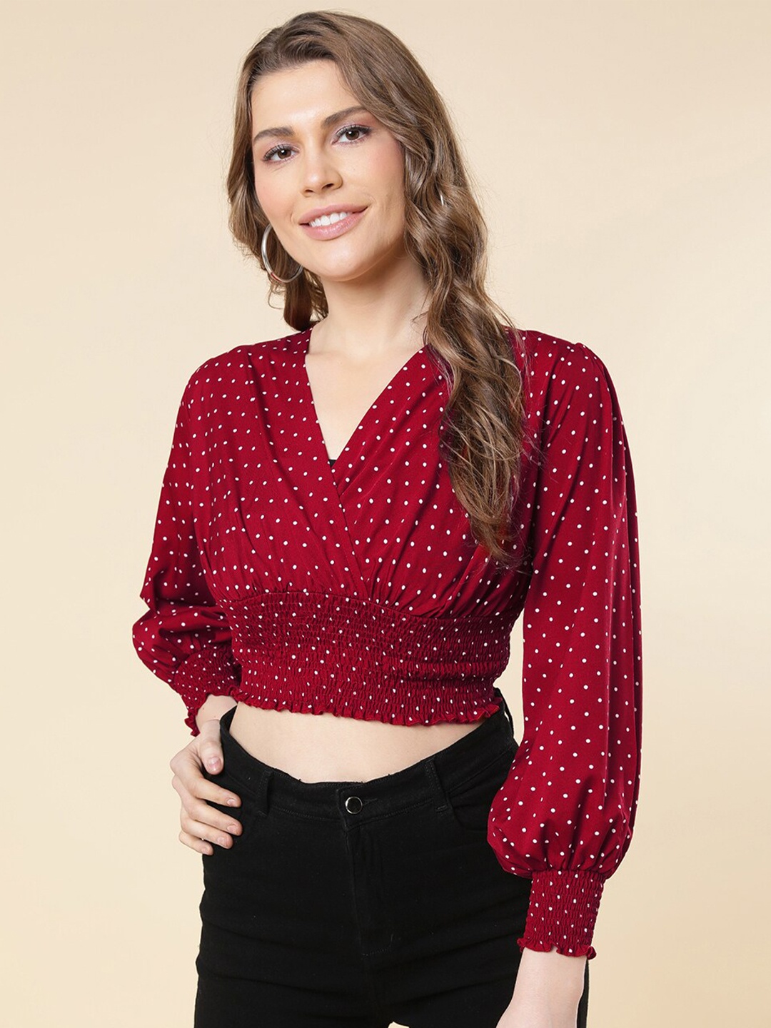 

A.T.U.N. Polka Dots Printed Smocked Blouson Crop Top, Maroon