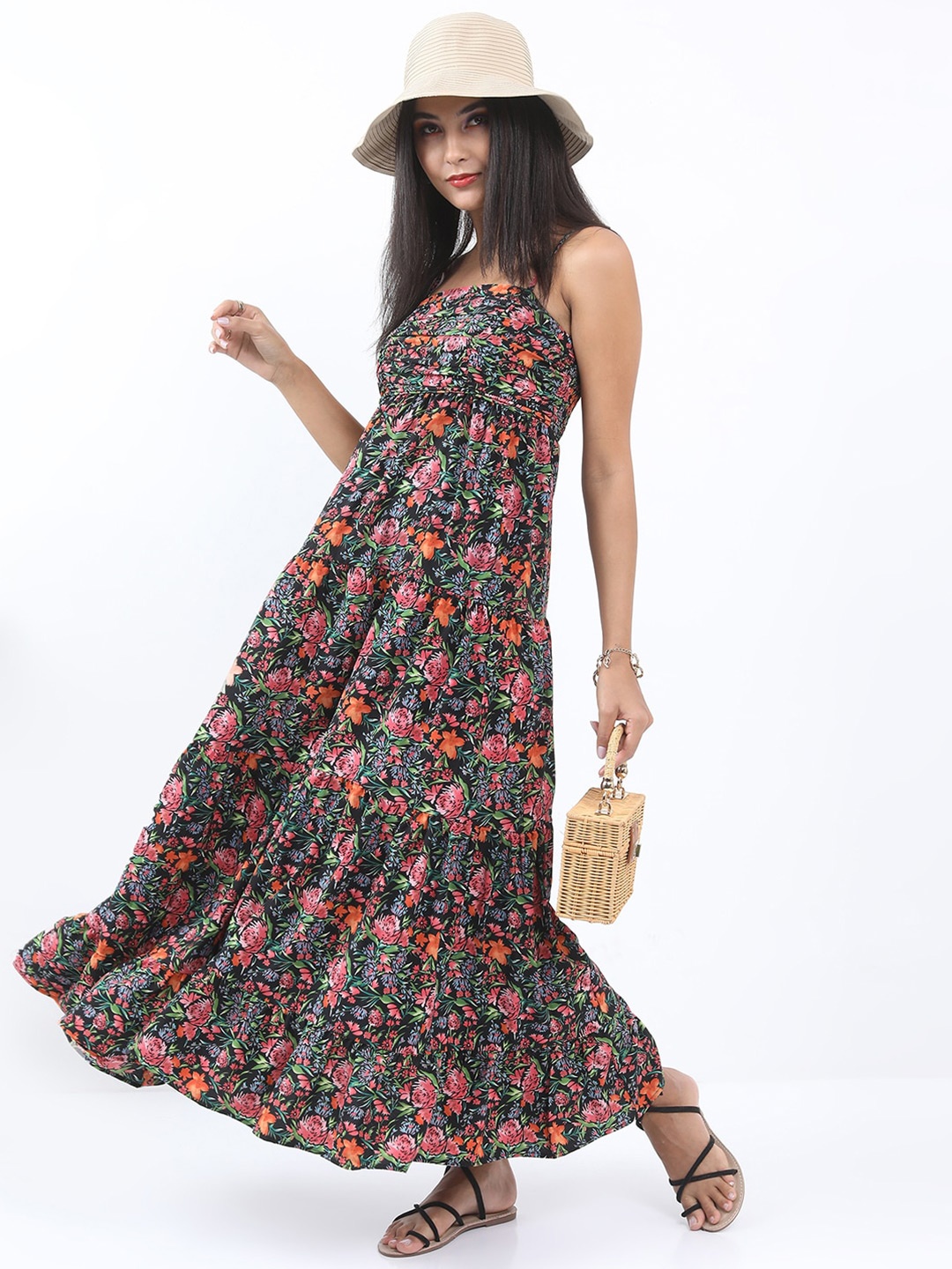 

KETCH Shoulder Straps Floral Maxi Dress, Black
