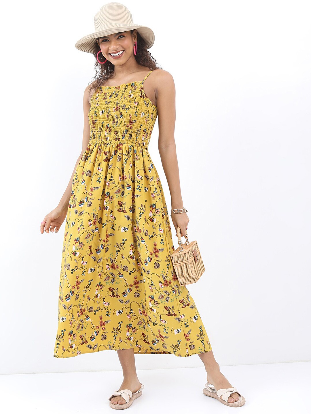 

KETCH Floral Printed Smocked A-Line Dress, Yellow