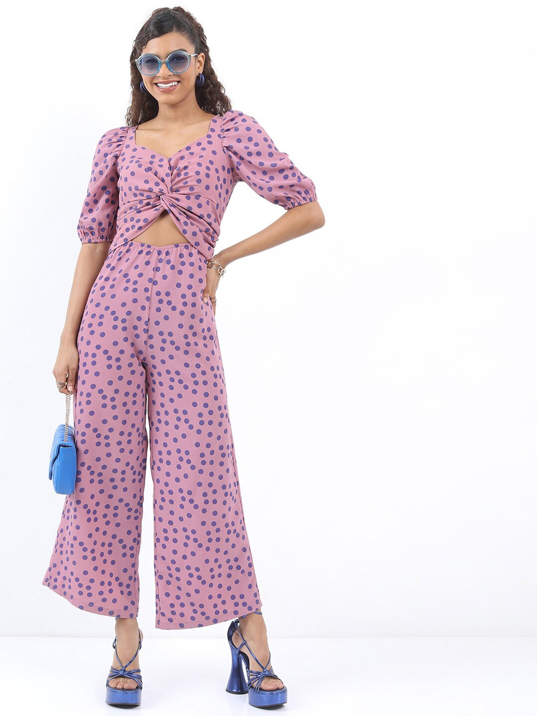 

KETCH Polka Dot Printed Sweetheart Neck Gathers Cut Outs Basic Jumpsuit, Pink