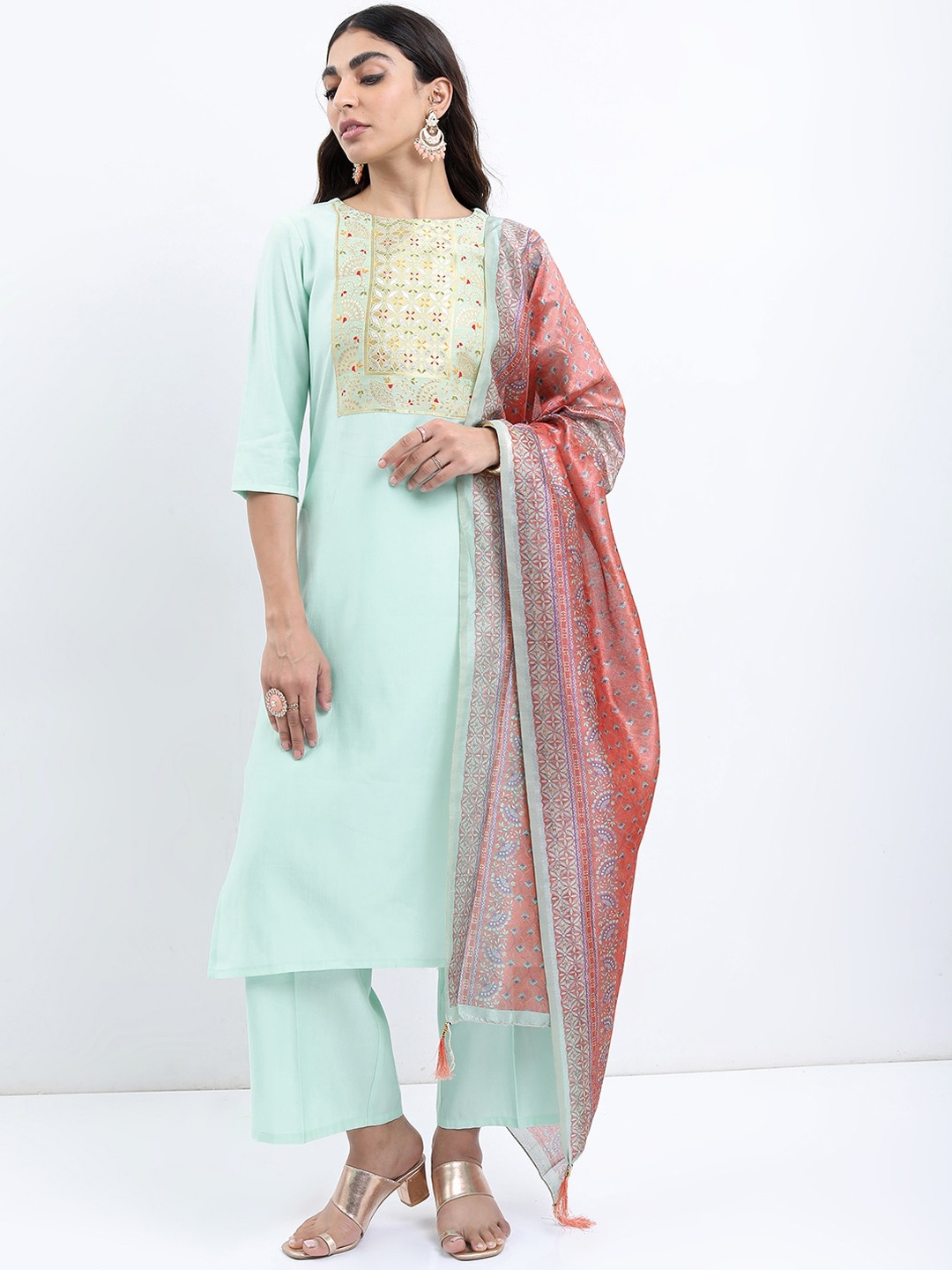 

KETCH Ethnic Motifs Yoke Design Boat Neck Kurta with Palazzos & Dupatta, Sea green