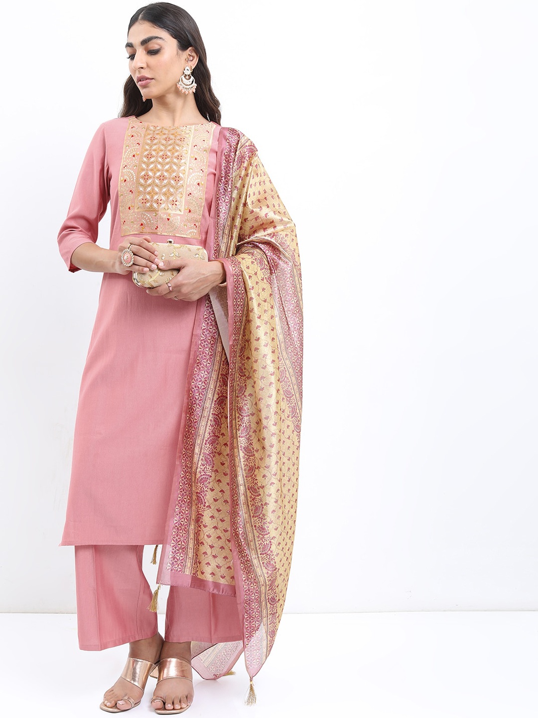 

KETCH Woven Design Straight Kurta with Palazzos & Dupatta, Pink
