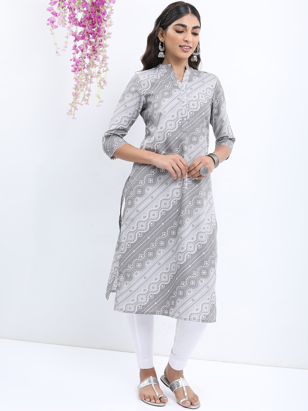 

KETCH Mandarin Collar Abstract Printed Kurta, Grey
