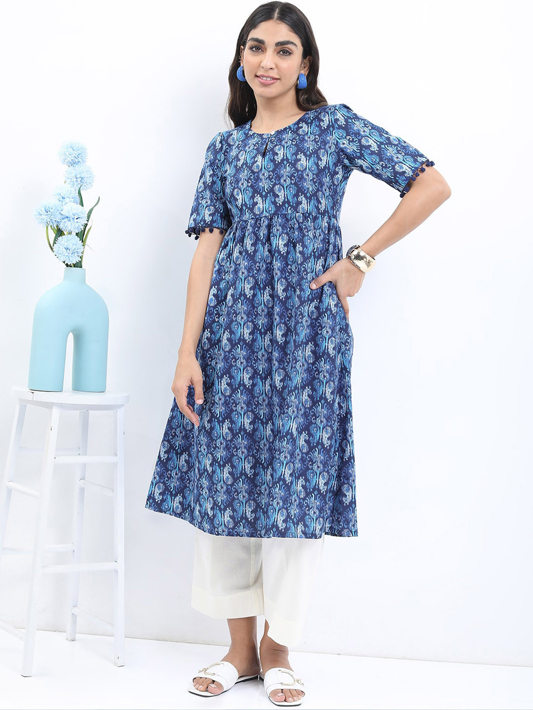 

KETCH Ethnic Motifs Printed Pleated Anarkali Kurta, Navy blue
