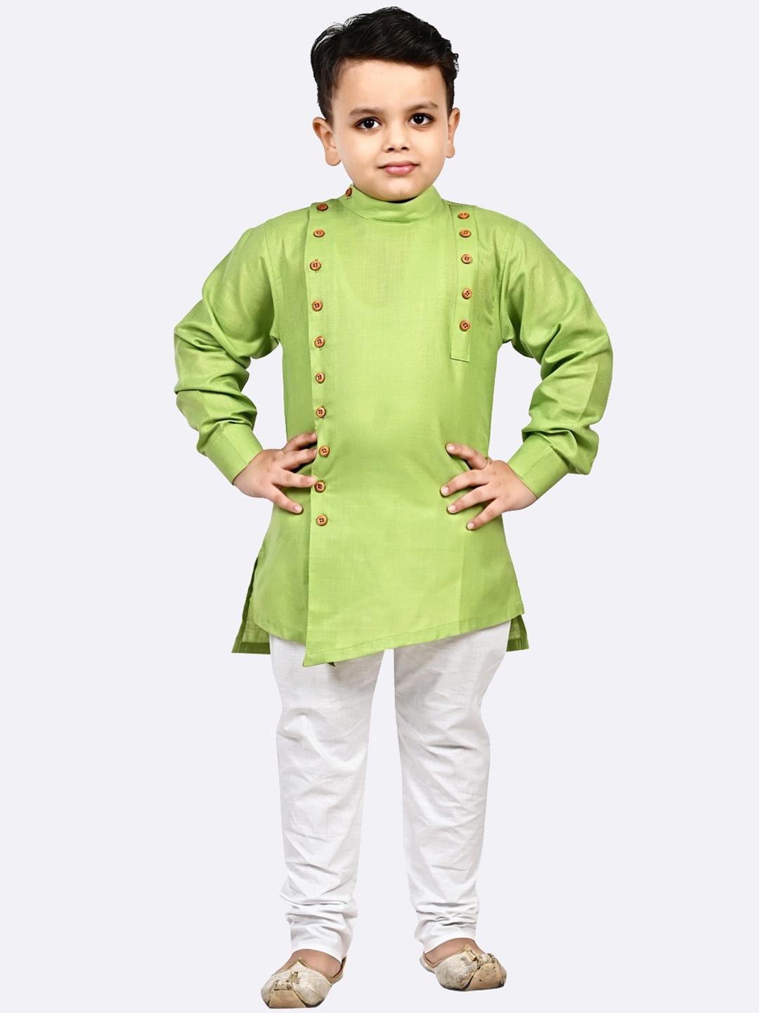 

Superminis Boys Mandarin Collar Angrakha Pure Cotton Kurta with Churidar, Olive