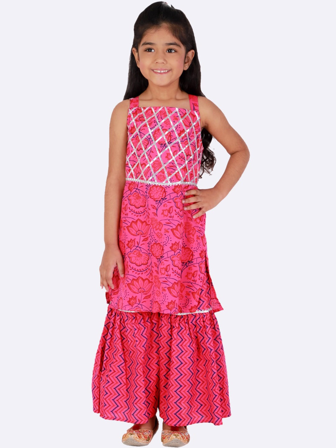 

Superminis Girls Floral Printed Gotta Patti Pure Cotton Kurti with Sharara, Pink