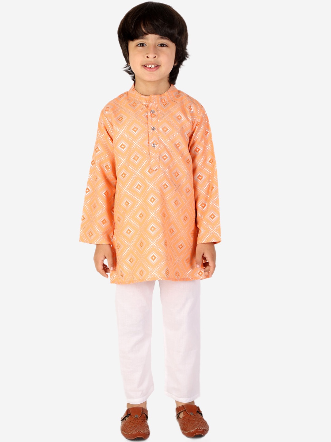 

Superminis Boys Ethnic Motifs Printed Band Collar Pure Cotton Kurta with Pyjamas, Peach