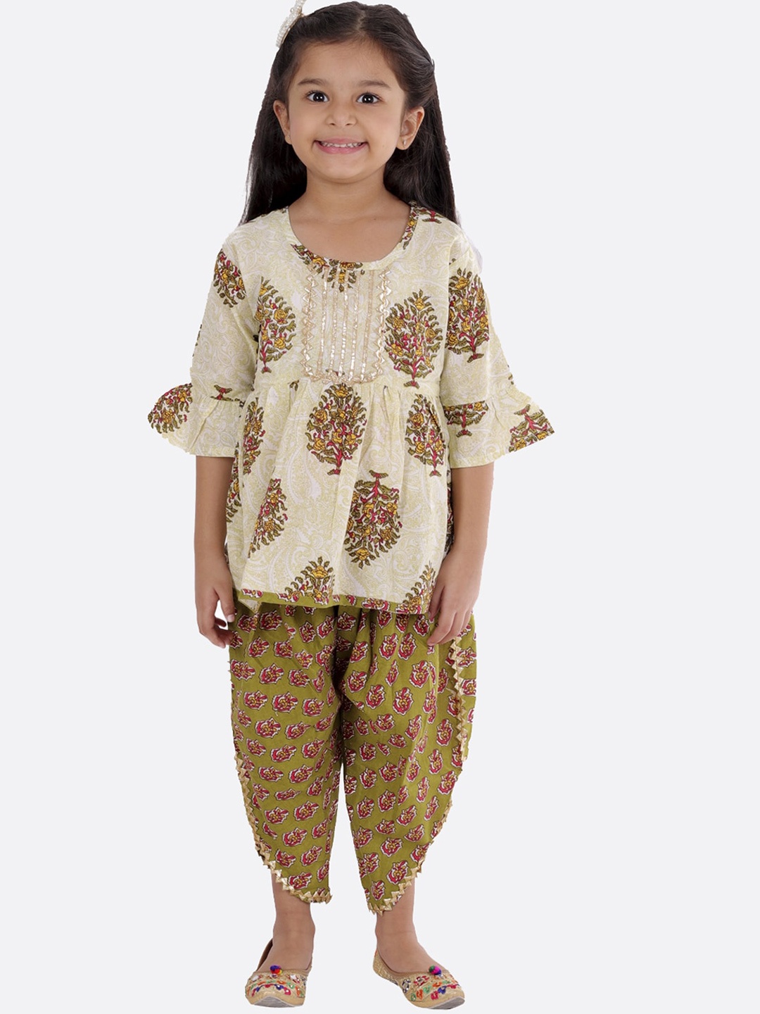 

Superminis Girls Ethnic Motifs Printed Bell Sleeves Pure Cotton Kurti with Dhoti Pants, Cream
