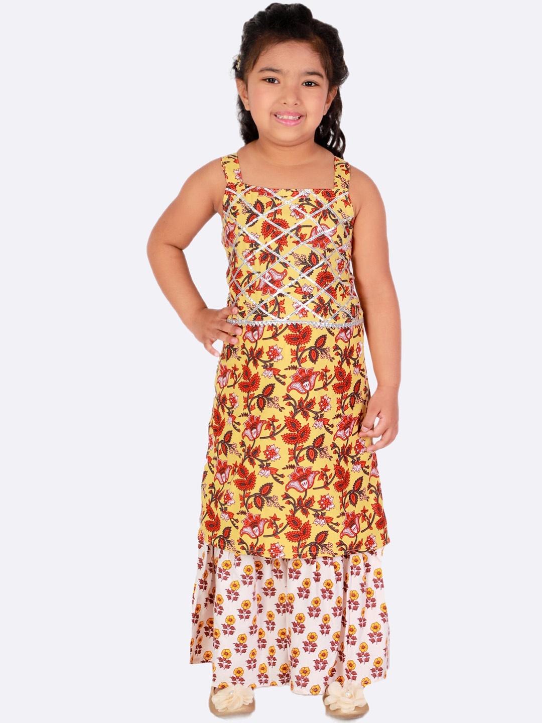 

Superminis Girls Shoulder Straps Floral Printed Pure Cotton Kurta With Sharara, Yellow