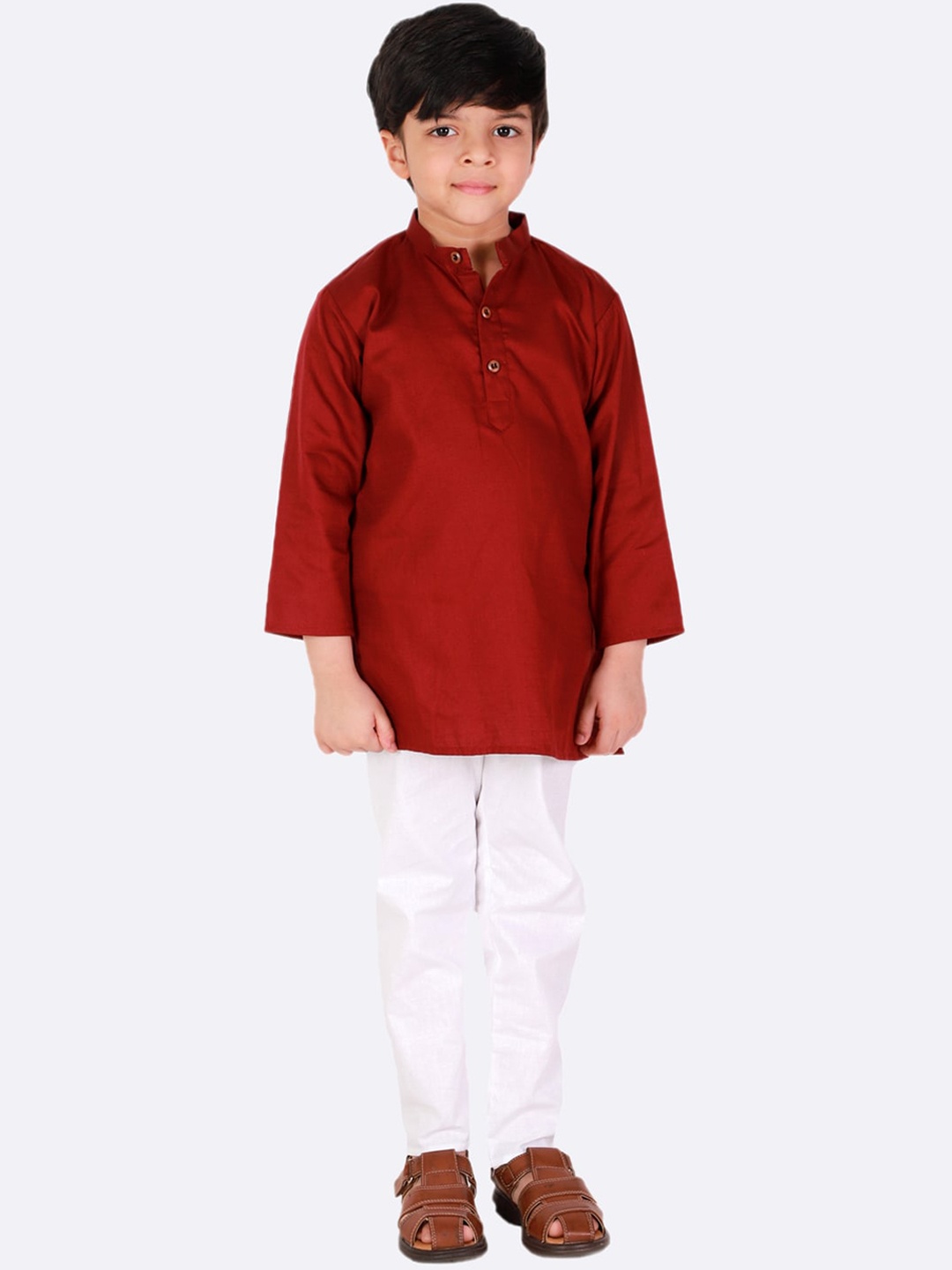 

Superminis Boys Mandarin Collar Pure Cotton Kurta With Churidar, Maroon