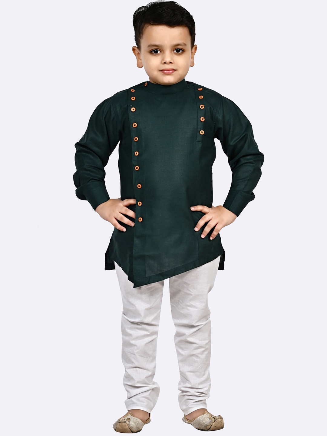 

Superminis Boys Mandarin Collar Pure Cotton Kurta With Churidar, Green