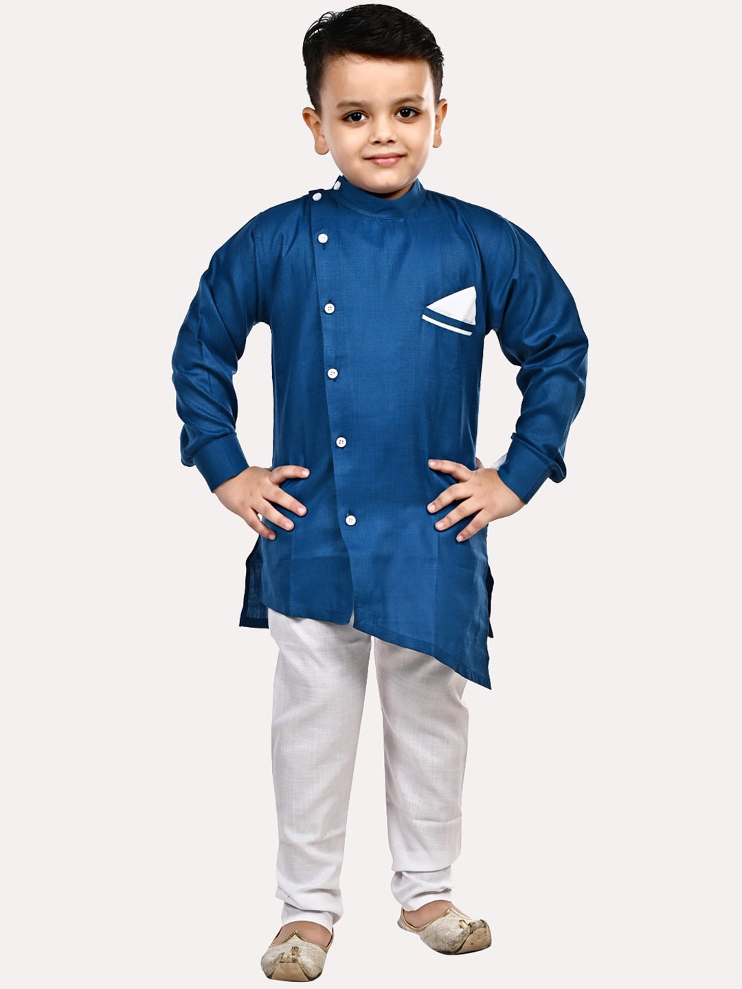 

Superminis Boys Mandarin Collar Pure Cotton Kurta With Churidar, Blue