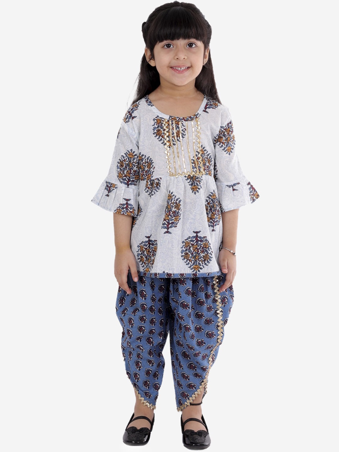 

Superminis Girls Floral Printed Layered Pure Cotton Kurti with Salwar, Blue
