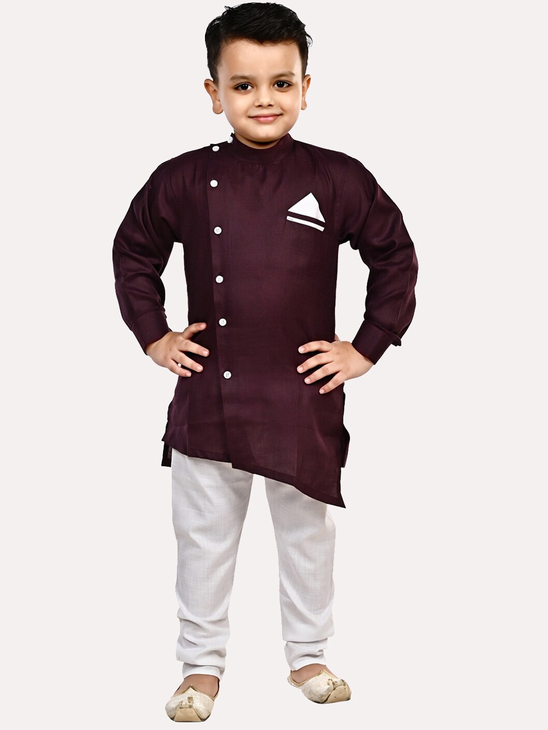 

Superminis Boys Mandarin Collar Asymmetric Pure Cotton Kurta with Pyjamas, Purple