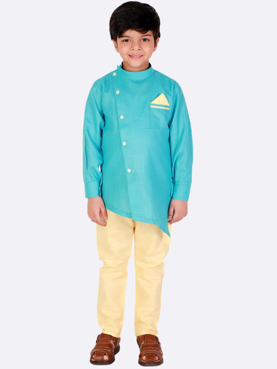 

Superminis Boys Mandarin Collar Asymmetric Pure Cotton Kurta with Pyjamas, Turquoise blue