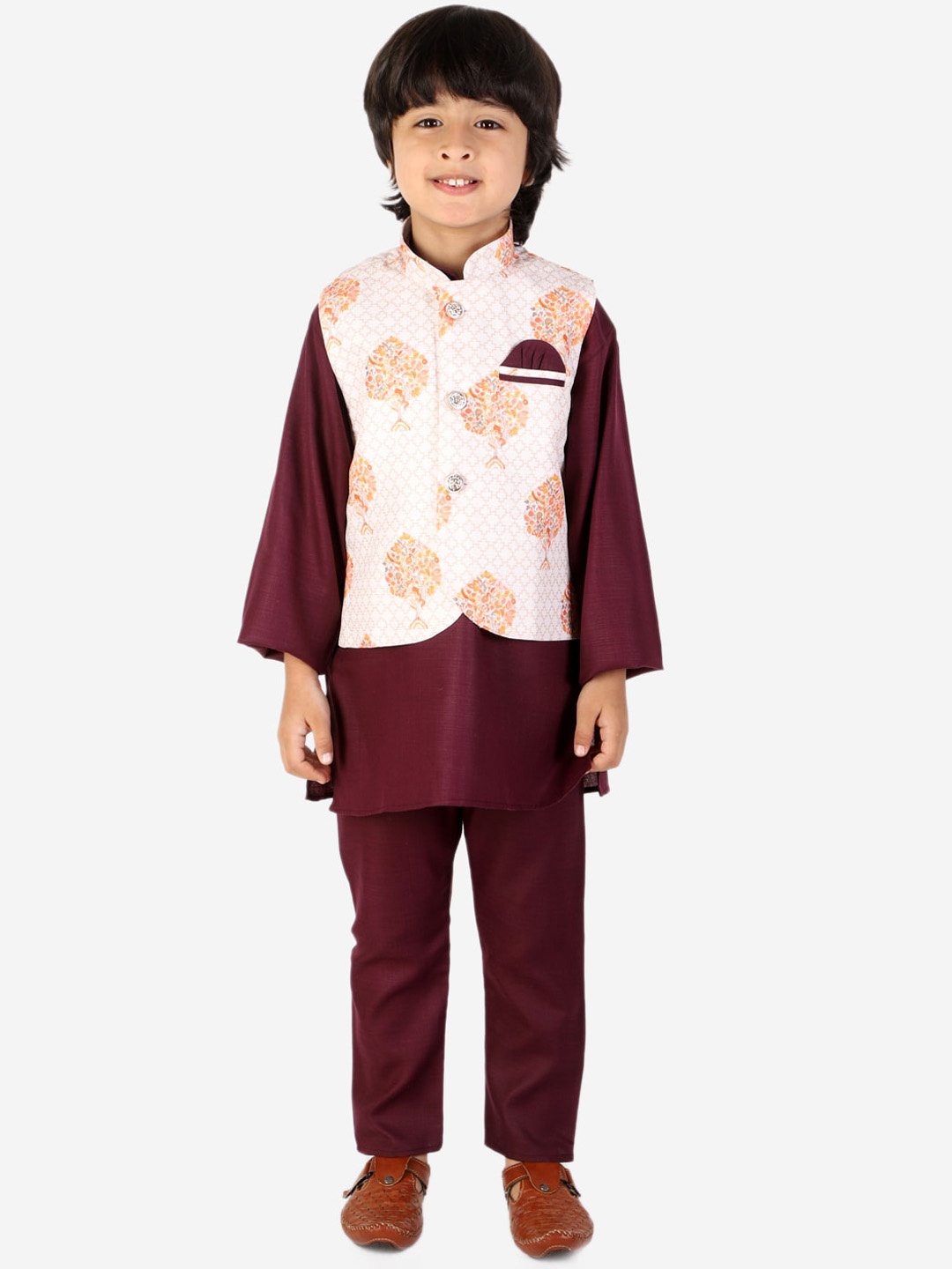 

Superminis Boys Mandarin Collar Pure Cotton Kurta with Pyjamas With Nehru Jacket, Maroon