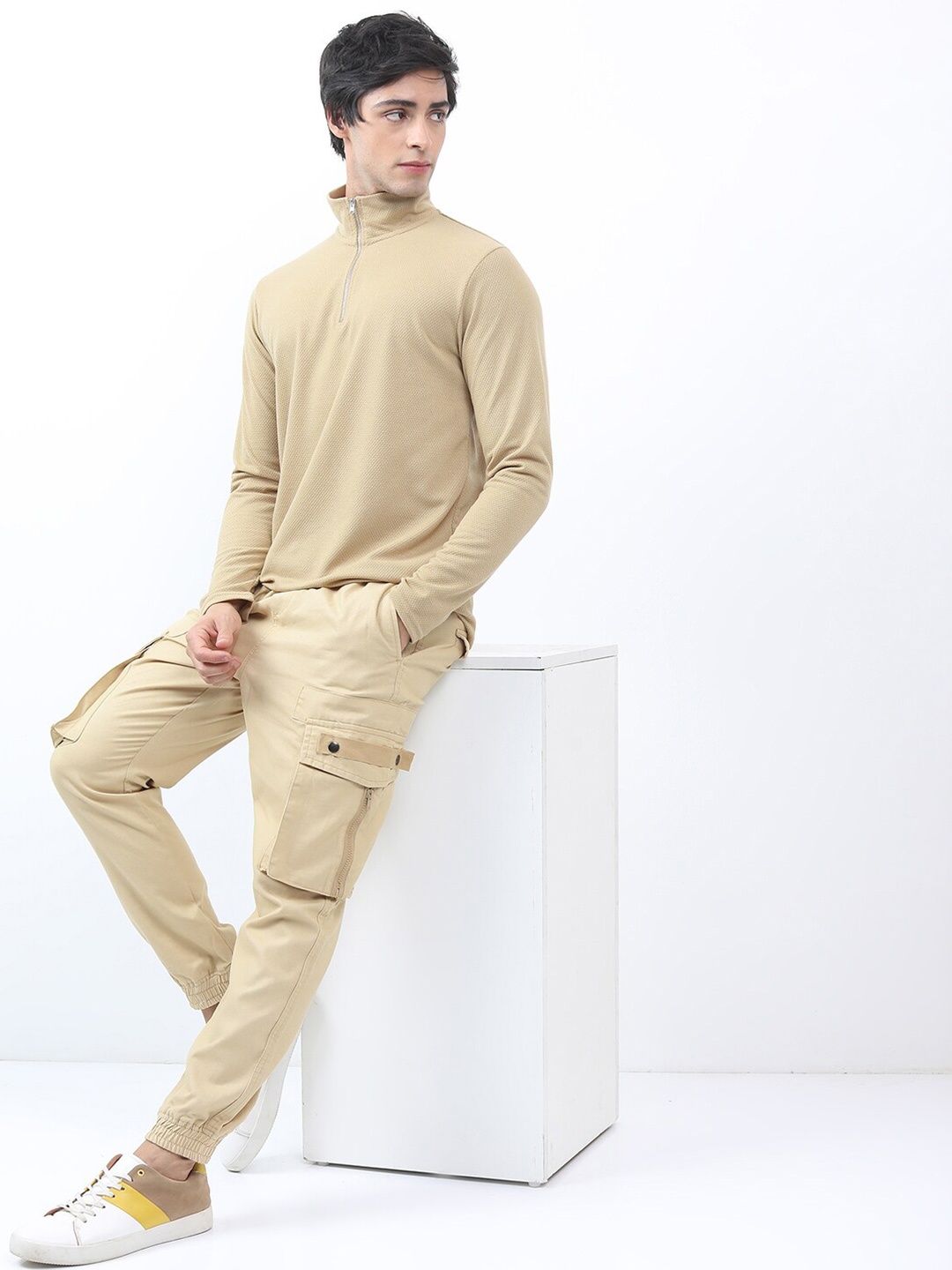 

HIGHLANDER High Neck Popcorn Structured Regular Fit T-shirt, Cream