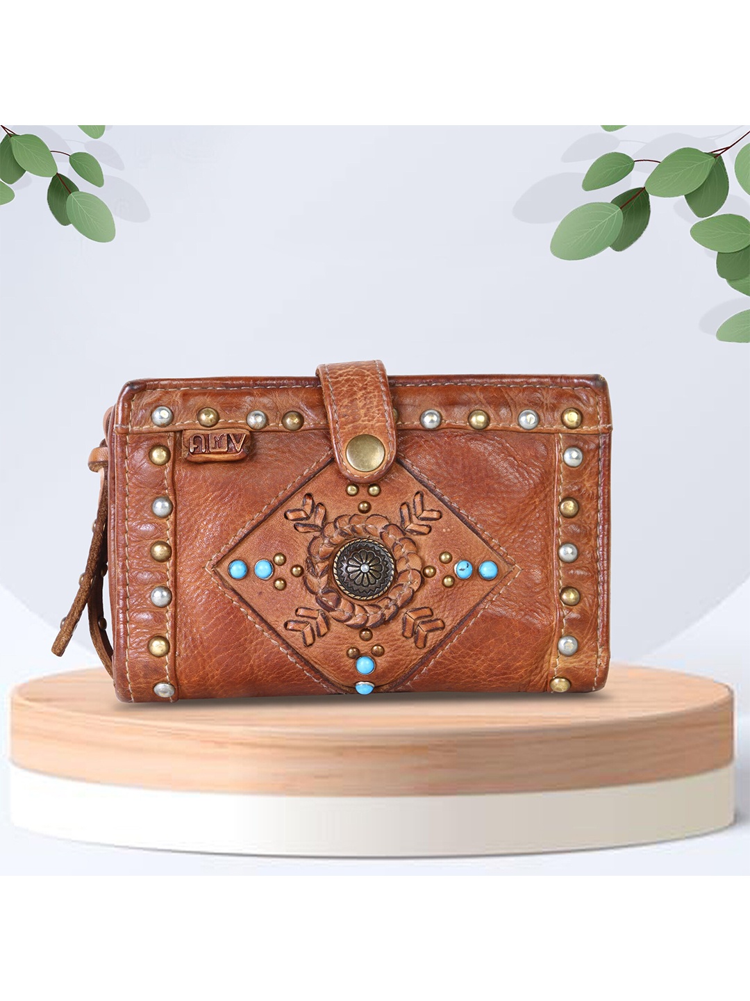 

ART N VINTAGE Women Ethnic Motifs Embellished Leather Two Fold Wallet, Tan