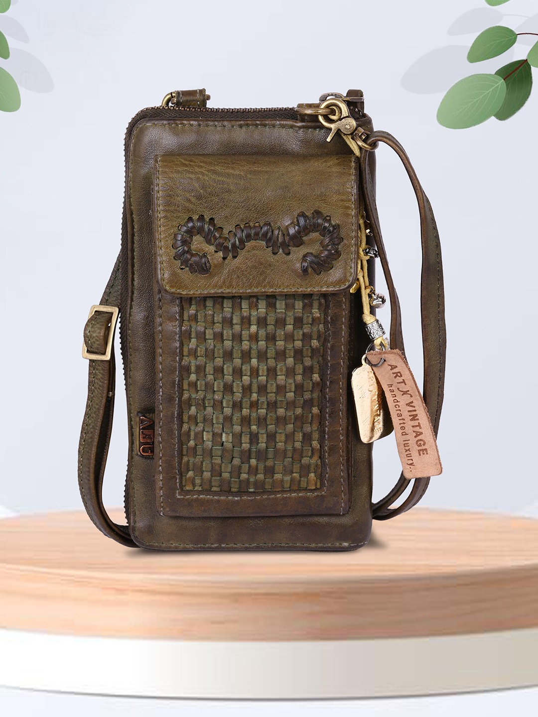 

ART N VINTAGE Women Woven Design Leather Zip Around Wallet, Olive