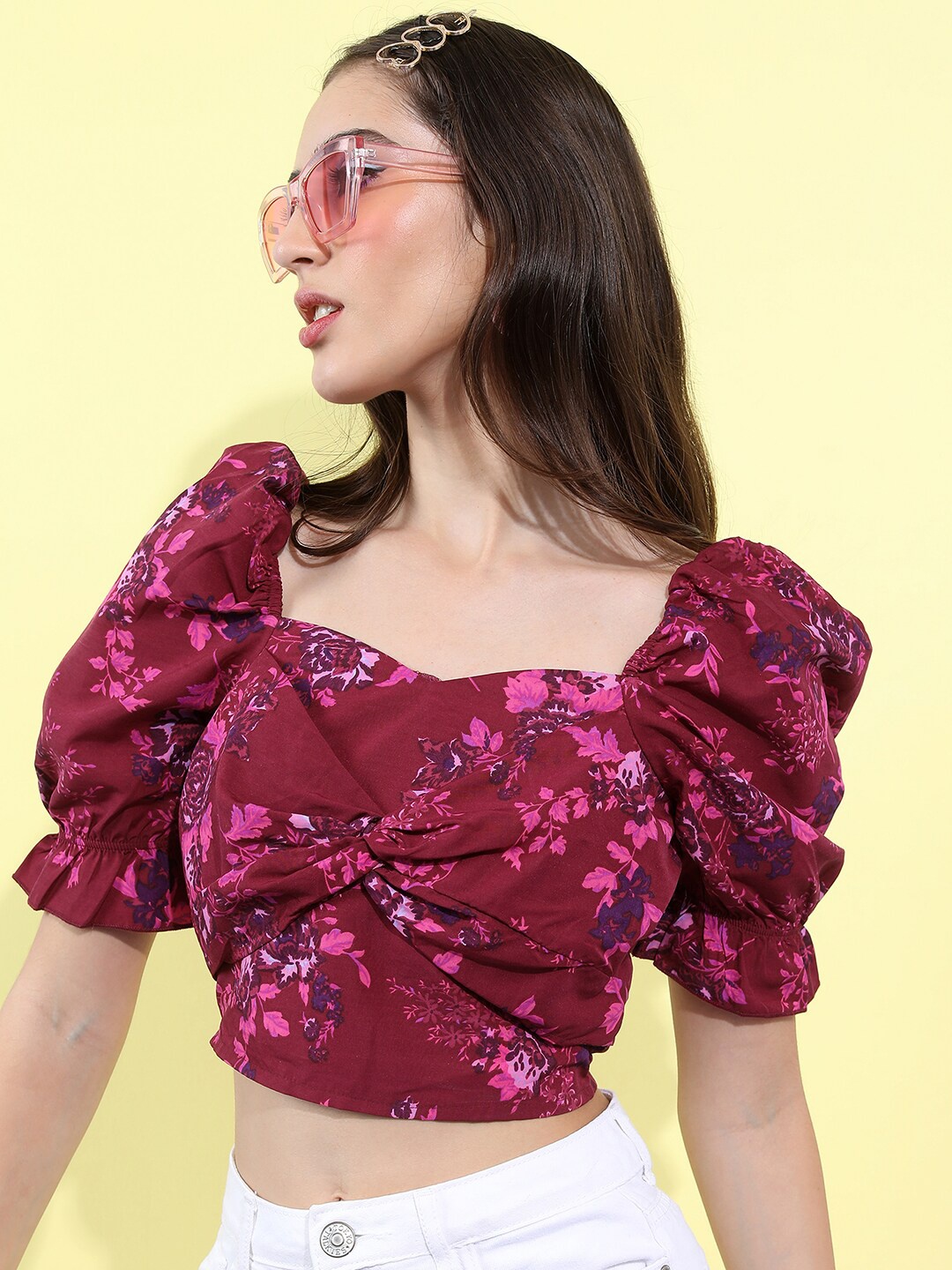 

Tokyo Talkies Floral Printed Twisted Puff Sleeves Crop Top, Maroon