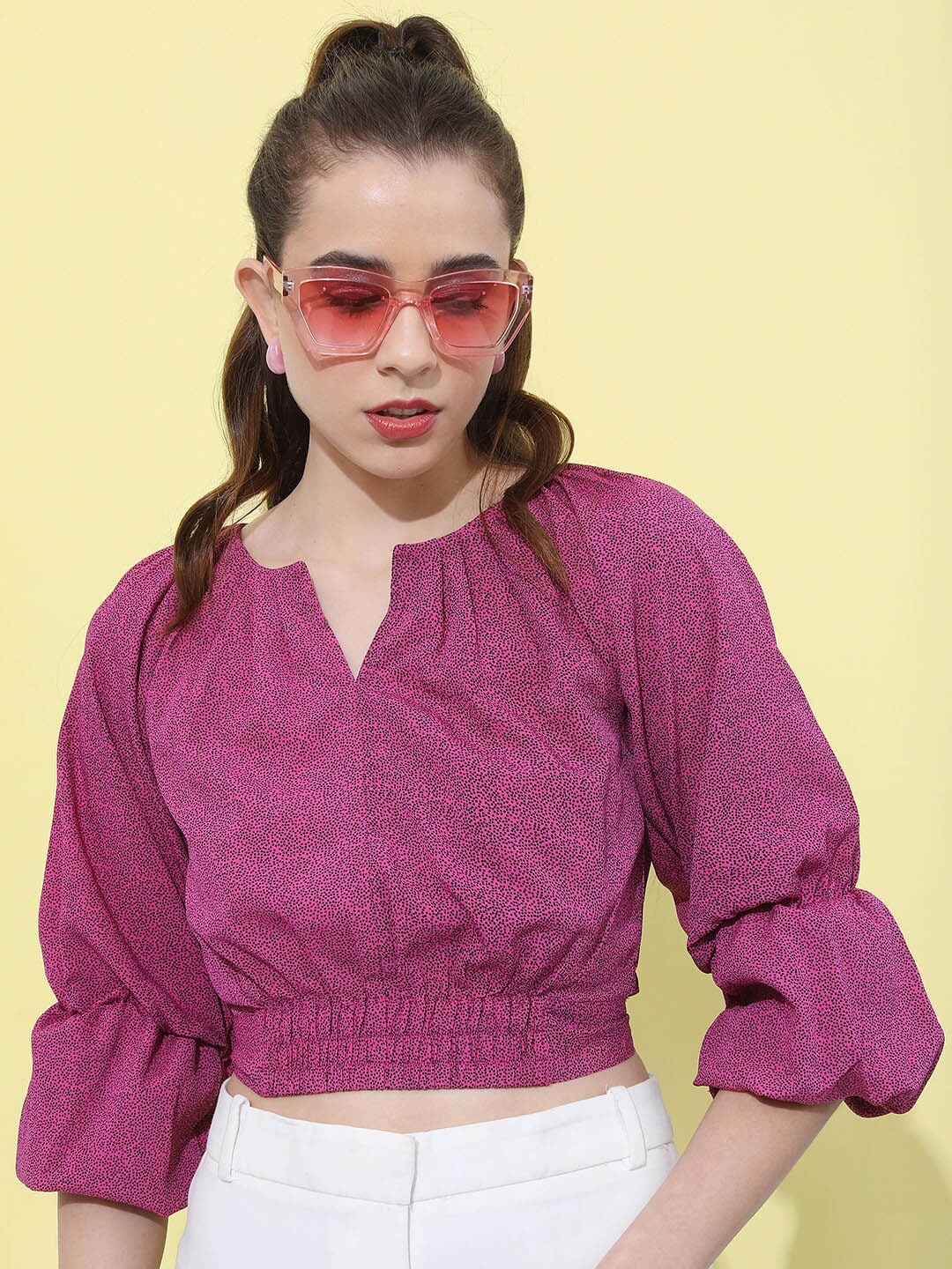 

Tokyo Talkies Polka Dots Printed Blouson Crop Top, Pink