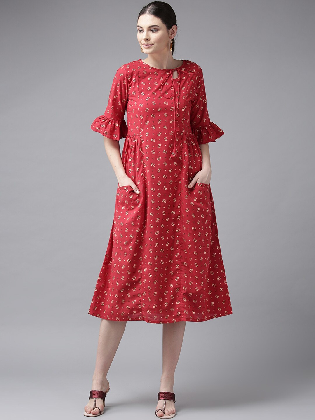 

Bhama Couture Floral Printed Pure Cotton Dress, Maroon