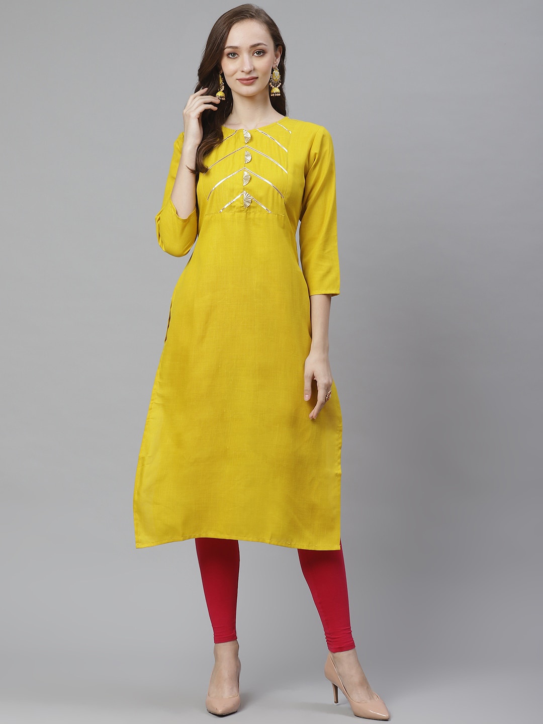 

Bhama Couture Geometric Yoke Design Gotta Patti Pure Cotton Kurta, Mustard