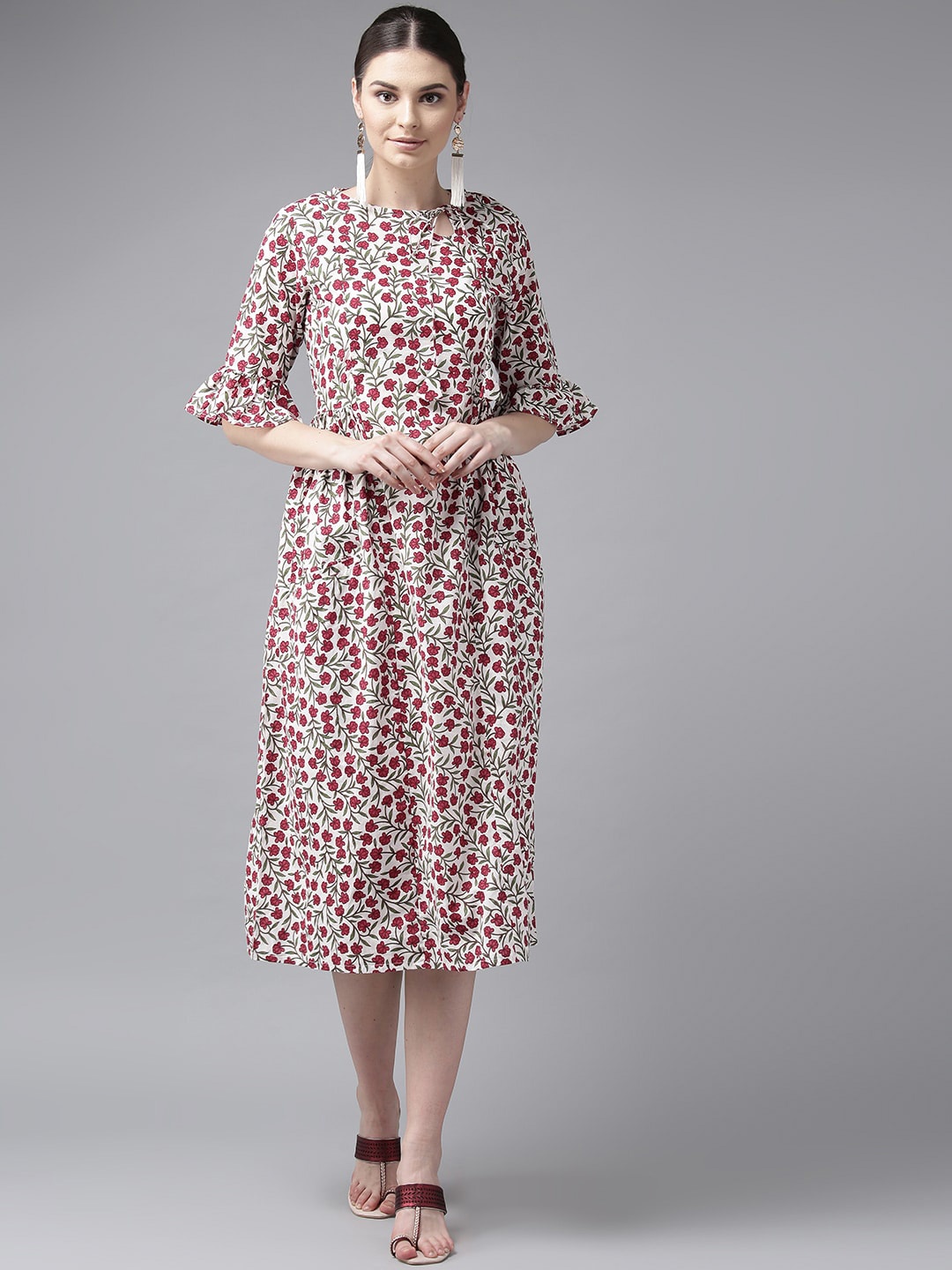 

Bhama Couture Tie-Up Neck Ethnic Motifs Printed A-Line Cotton Kurta, White