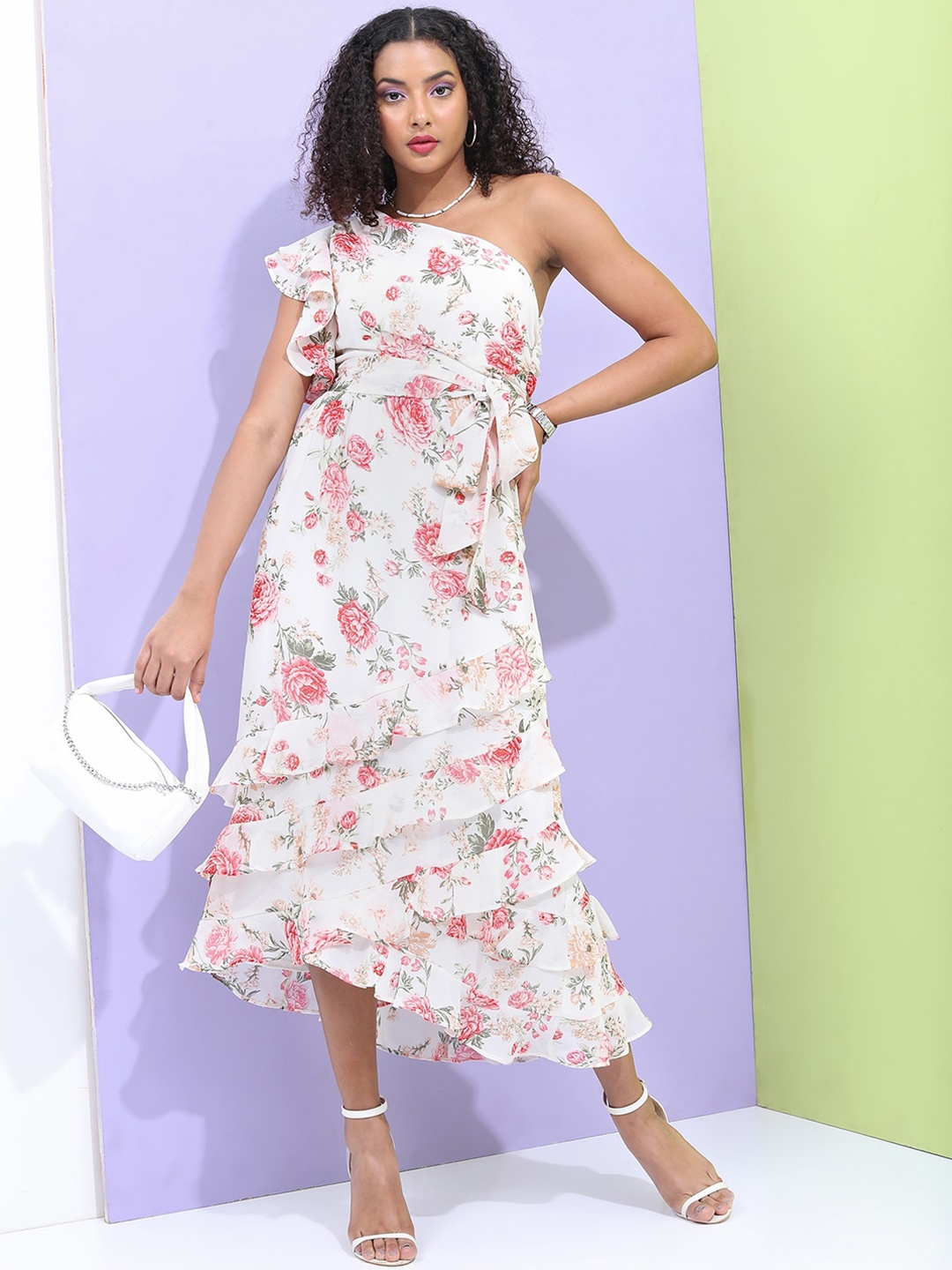 

Tokyo Talkies Floral Printed One Shoulder Midi Dress, Off white