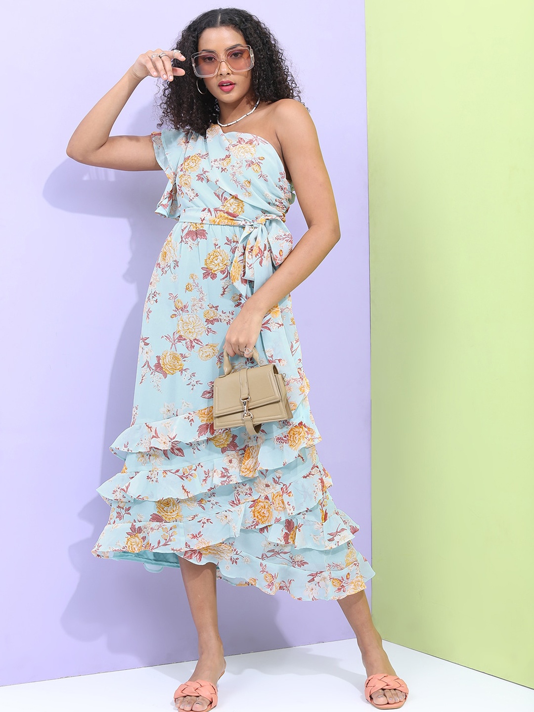 

Tokyo Talkies One Shoulder Floral Printed Midi Dress, Turquoise blue