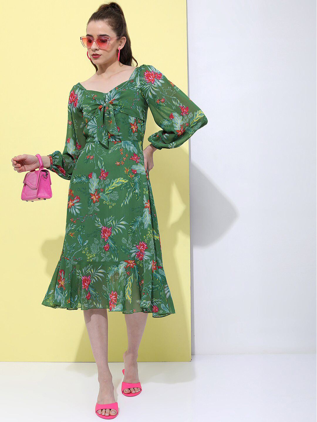 

Tokyo Talkies Floral Printed A-Line Midi Dress, Green