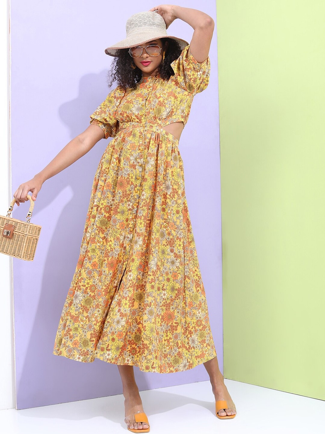 

Tokyo Talkies Floral Printed Cut-Outs Puff Sleeves A-Line Midi Dress, Mustard