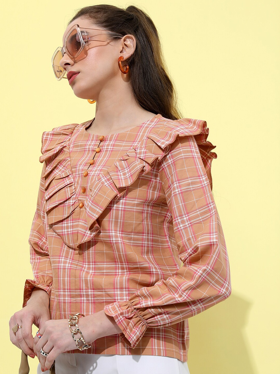 

Tokyo Talkies Checked Bell Sleeves Ruffles Top, Rust