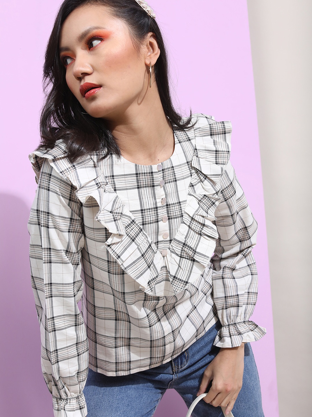 

Tokyo Talkies Checked Bell Sleeves Ruffles Top, Olive