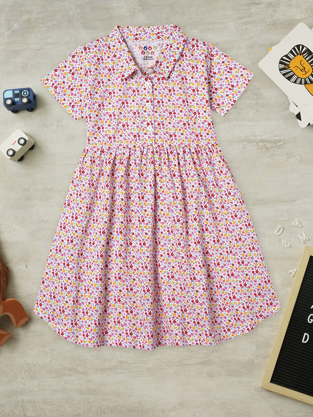 

ZION Girls Floral Printed Flared Cotton Shirt Dress, White