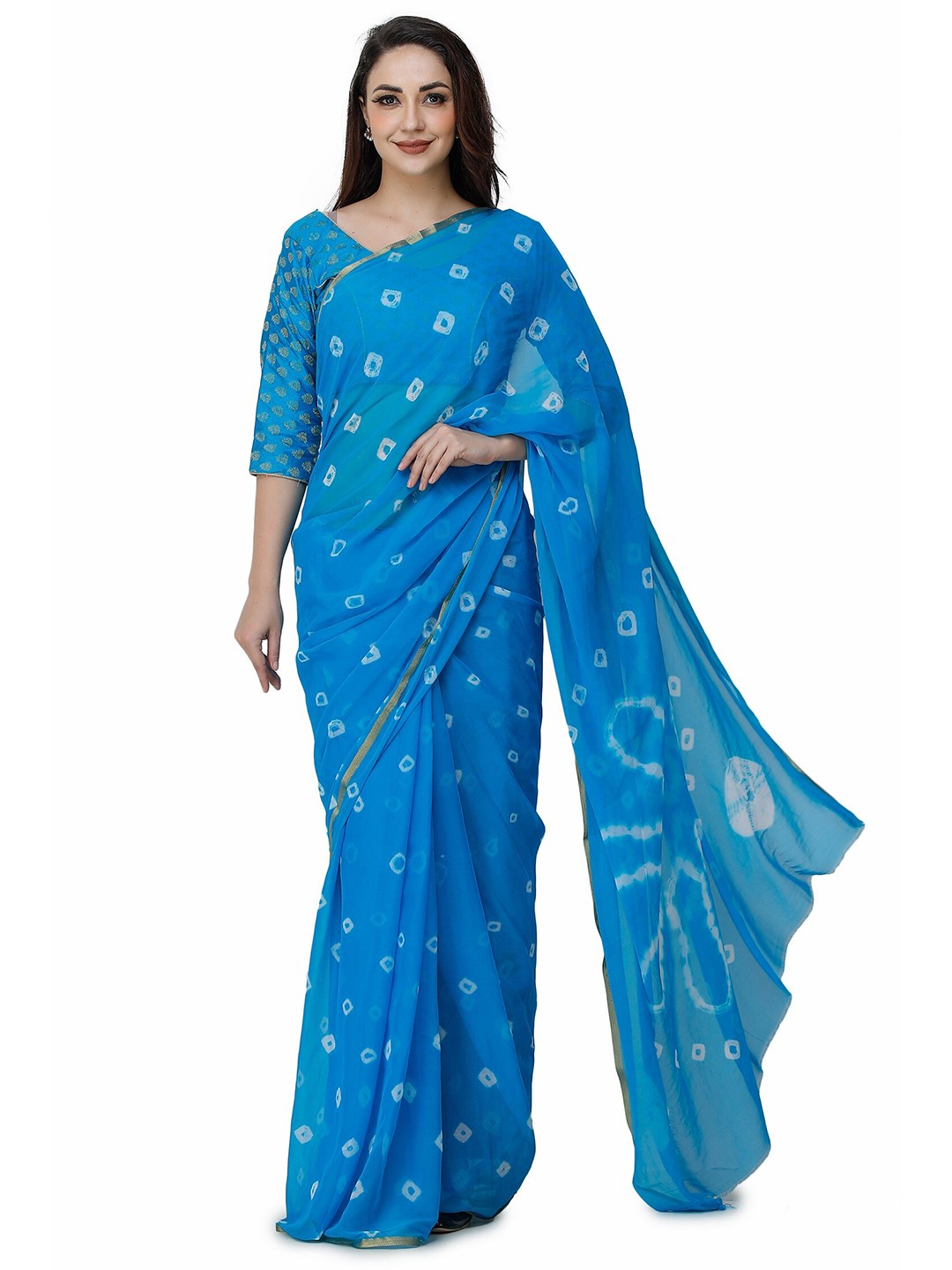 

CLAFOUTIS Bandhani Zari Pure Chiffon Bandhani Saree, Turquoise blue