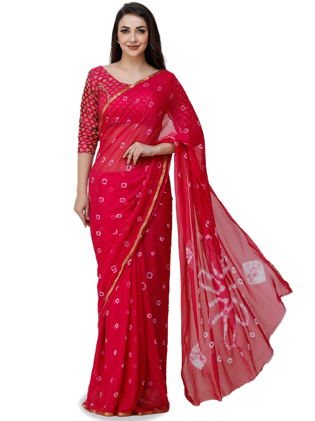 

CLAFOUTIS Bandhani Zari Border Pure Chiffon Bandhani Saree, Fuchsia