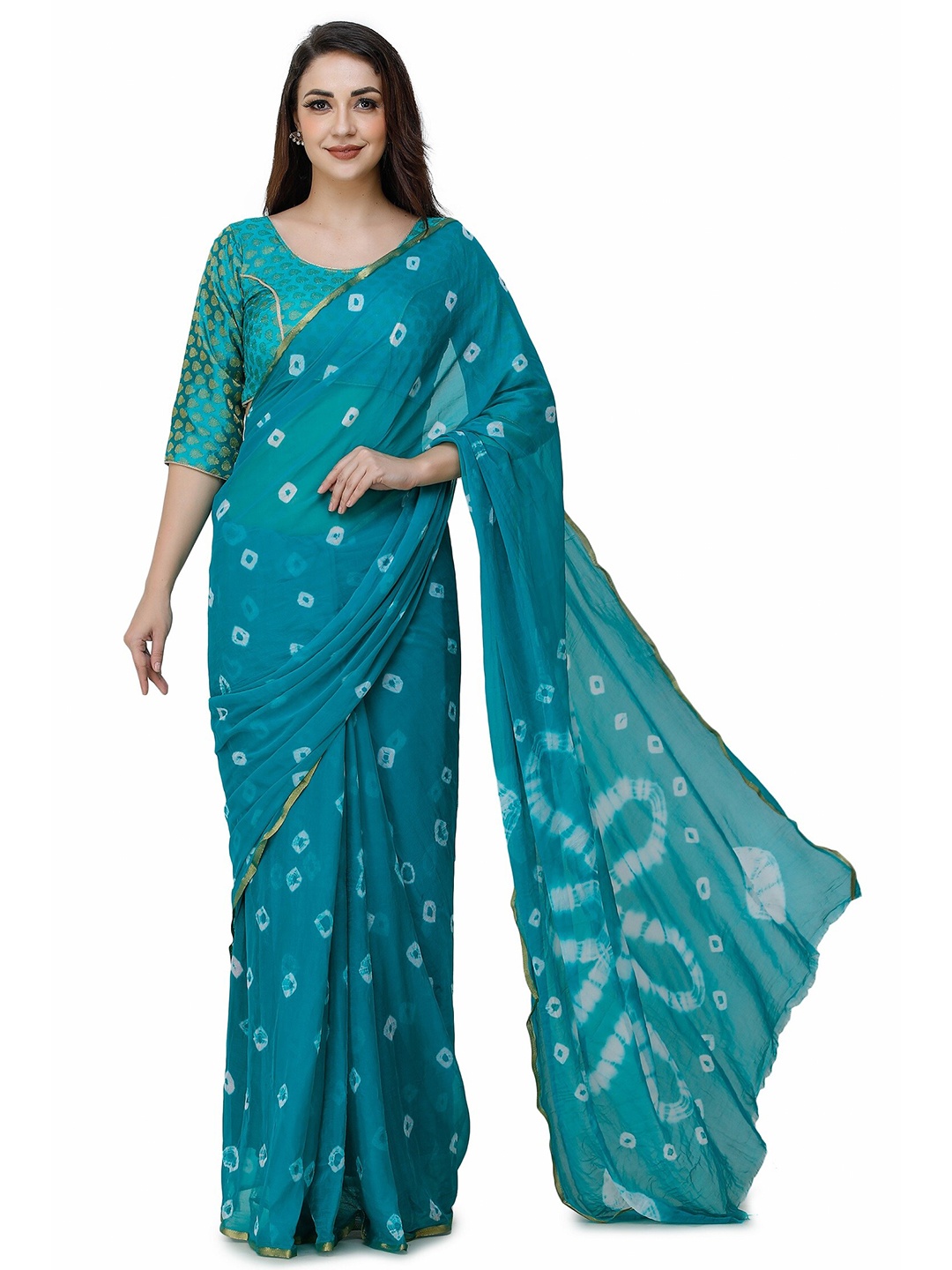 

CLAFOUTIS Bandhani Zari Pure Chiffon Bandhani Saree, Green